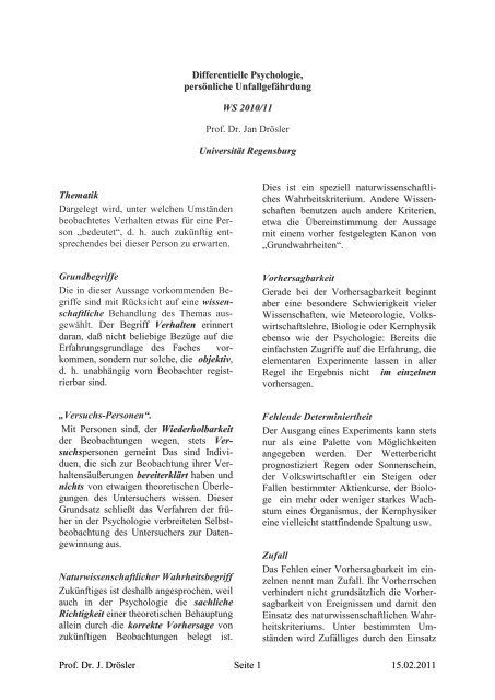 Differentielle Psychologie, - UniversitÃ¤t Regensburg