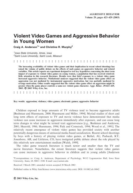 Violent Video Games and Aggressive Behavior in Young Women