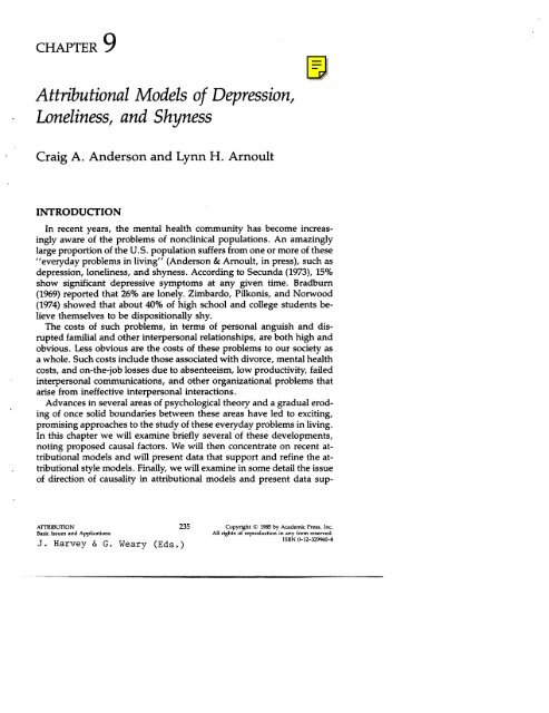 Attributional Models of Depression, Loneliness, and Shyness