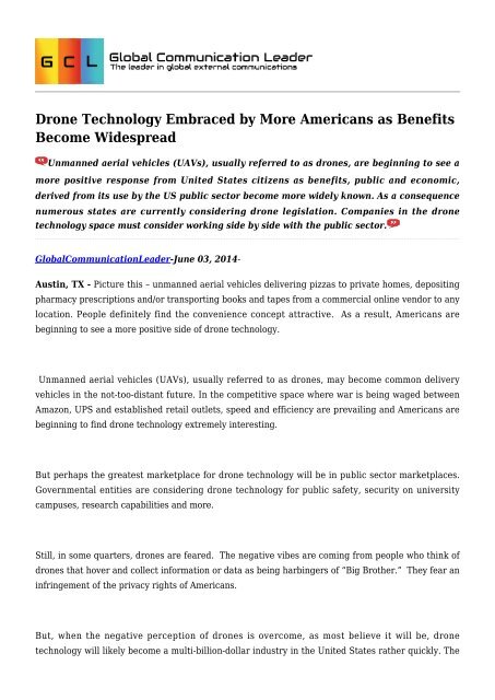 Drone Technology Embraced by More Americans as Benefits Become Widespread