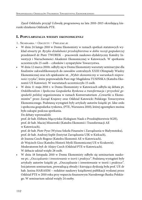 Sprawozdanie 2010_int.pdf - Polskie Towarzystwo Ekonomiczne