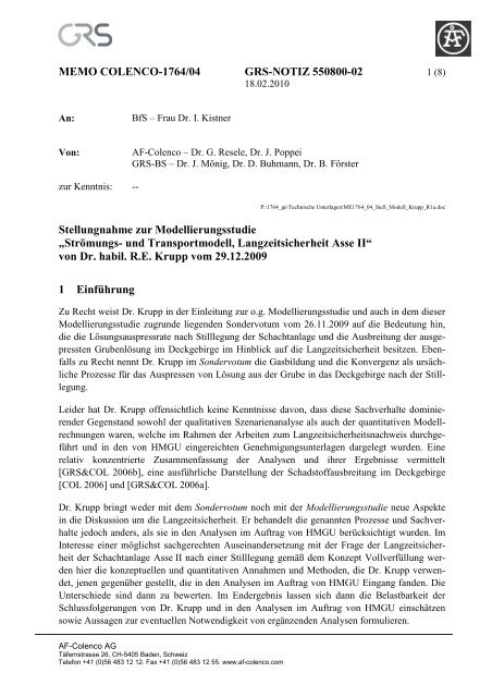 StrÃ¶mungs- und Transportmodell, Langzeitsicherheit ... - PTKA - KIT