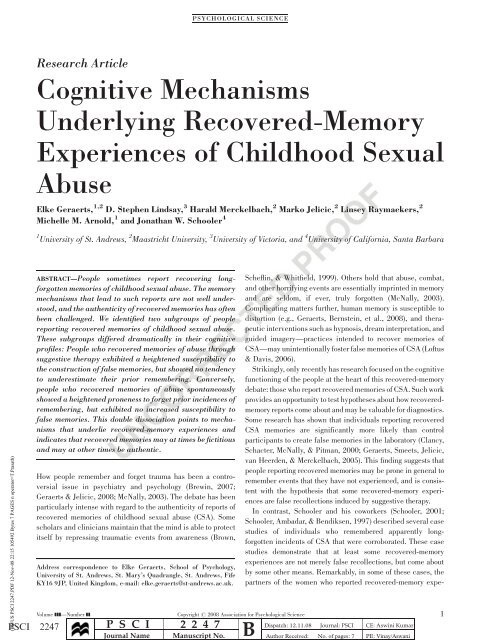 Cognitive Mechanisms Underlying Recovered-Memory Experiences of ...