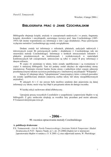 Bibliografia o Profesorze Janie Czochralskim - autorskie ...
