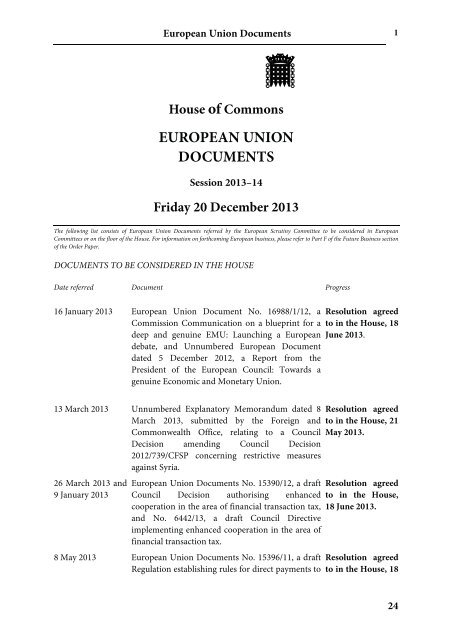 EUROPEAN UNION DOCUMENTS - United Kingdom Parliament