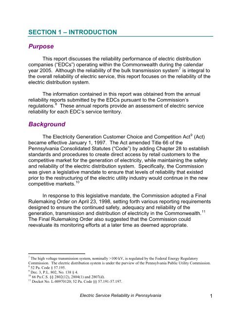 Reliability Report -- 1999 - Pennsylvania Public Utility Commission