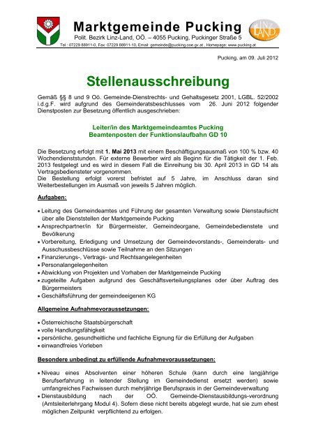 Stellenausschreibung Amtsleiter (85 KB) - .PDF - Gemeinde Pucking