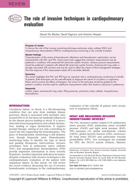 The role of invasive techniques in cardiopulmonary evaluation