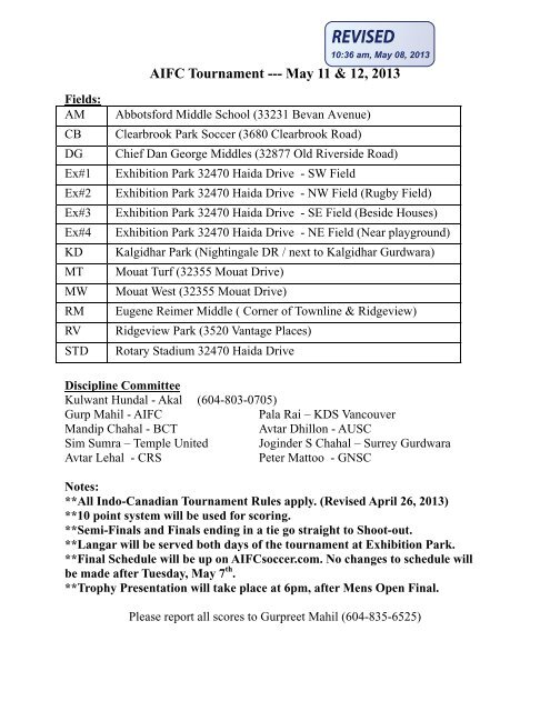 AIFC Tournament Schedule