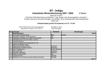 Indigo Arbeitsliste Winterüberholung 2007 / 2008 - ASV zu Greifswald