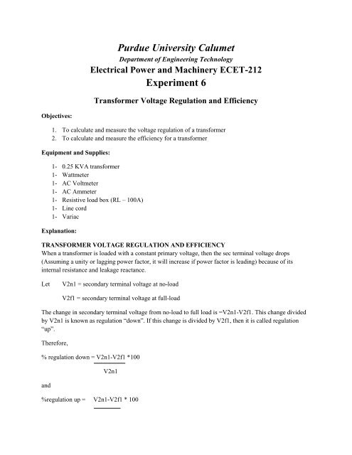 EXPERIMENT 6 Transformer Voltage Regulation and Efficiency