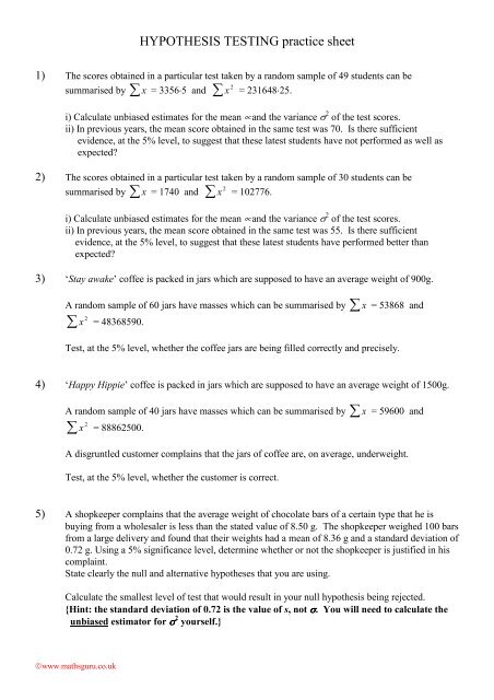 HYPOTHESIS TESTING practice sheet