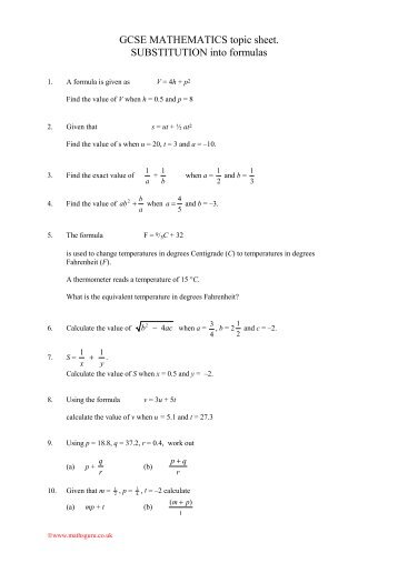 GCSE MATHEMATICS topic sheet. SUBSTITUTION into formulas