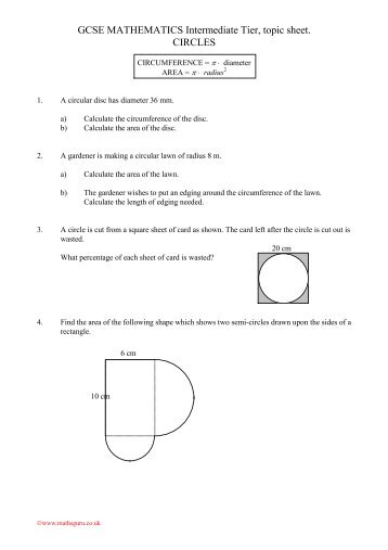 GCSE MATHEMATICS Intermediate Tier, topic sheet. CIRCLES