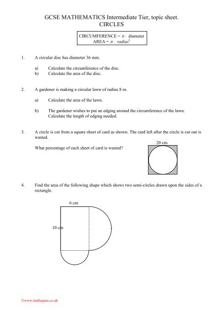 GCSE MATHEMATICS Intermediate Tier, topic sheet. CIRCLES