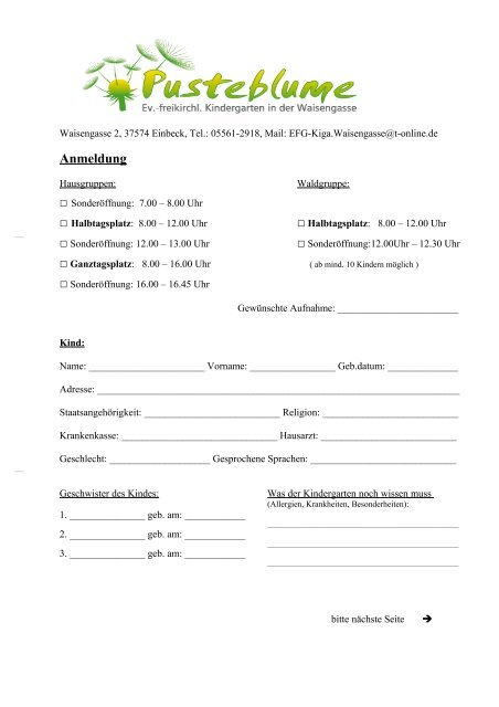 Anmeldeformular - Kindergarten Pusteblume
