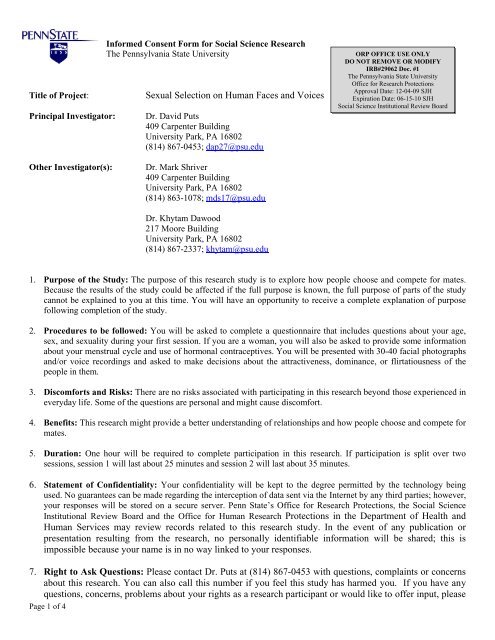 Informed Consent Form For Social Science Research Puts Lab