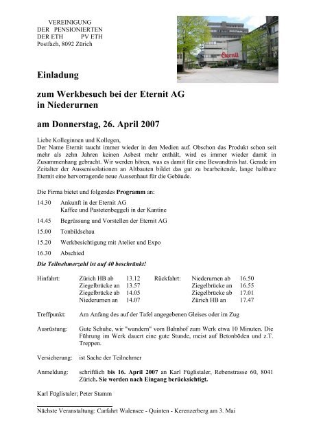 Einladung Zum Werkbesuch Bei Der Eternit Ag In Pv Eth