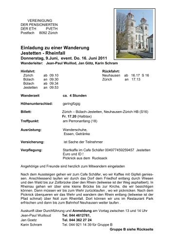 Einladung zu einer Wanderung Jestetten - Rheinfall - PV ETH