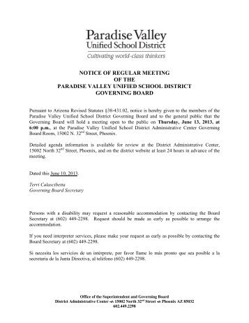 notice of regular meeting of the paradise valley unified school district ...