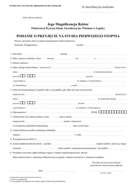 podanie o przyjÄ cie na studia pierwszego stopnia na studia