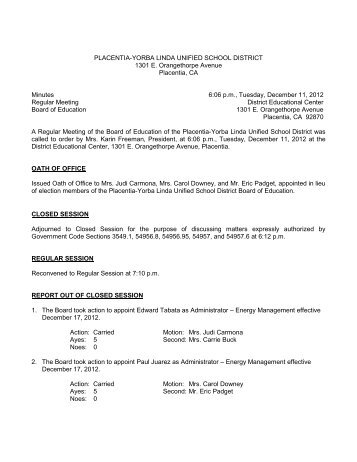 December 11, 2012 Board Minutes - Placentia-Yorba Linda Unified ...