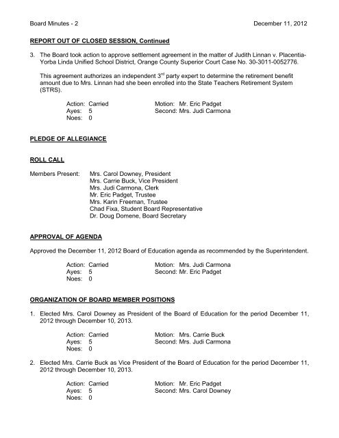 December 11, 2012 Board Minutes - Placentia-Yorba Linda Unified ...