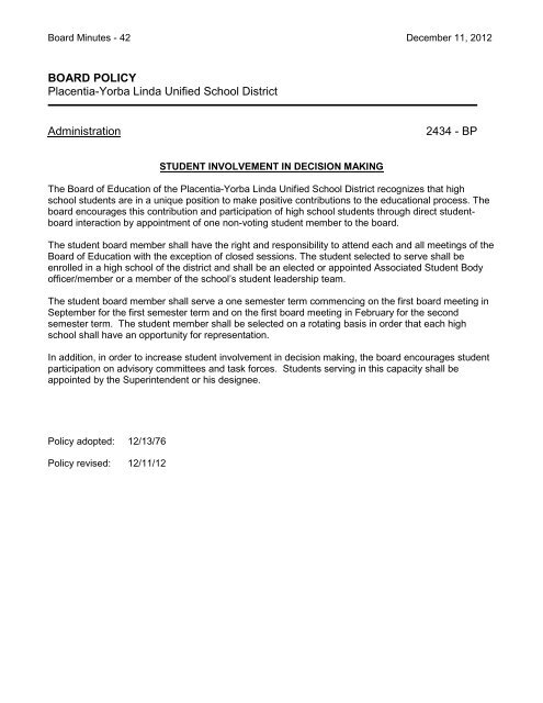 December 11, 2012 Board Minutes - Placentia-Yorba Linda Unified ...