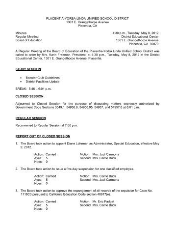 May 8, 2012 Board Minutes - Placentia-Yorba Linda Unified School ...