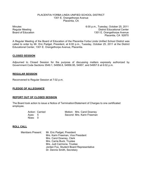 October 25, 2011 Board Minutes - Placentia-Yorba Linda Unified ...