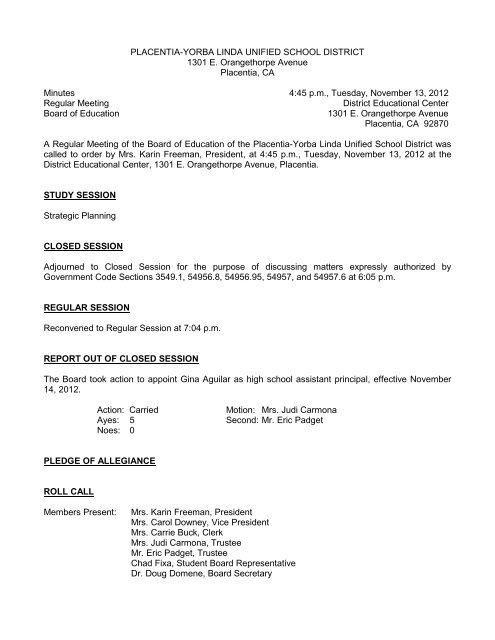 November 13, 2012 Board Minutes - Placentia-Yorba Linda Unified ...