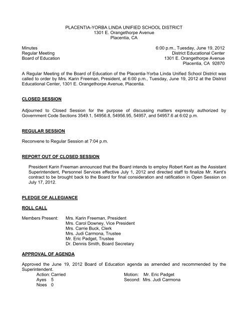 June 19, 2012 Board Minutes - Placentia-Yorba Linda Unified ...