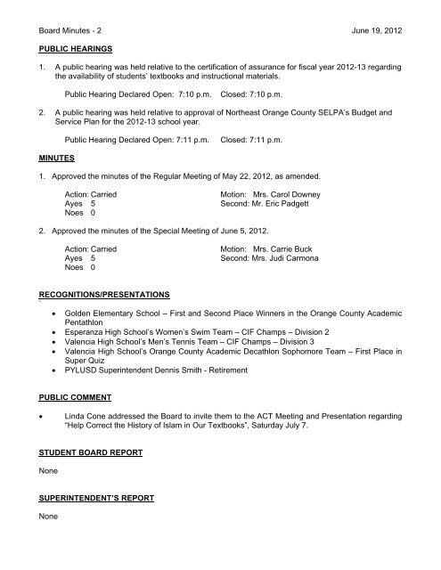 June 19, 2012 Board Minutes - Placentia-Yorba Linda Unified ...