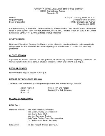 March 27, 2012 Board Minutes - Placentia-Yorba Linda Unified ...