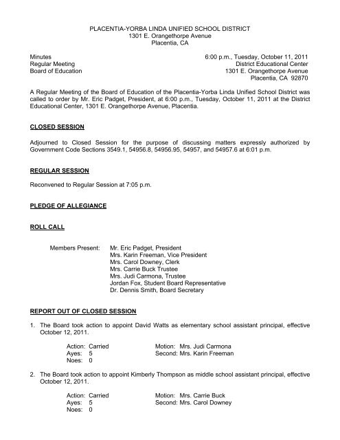 October 11, 2011 Board Minutes - Placentia-Yorba Linda Unified ...