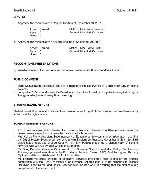 October 11, 2011 Board Minutes - Placentia-Yorba Linda Unified ...