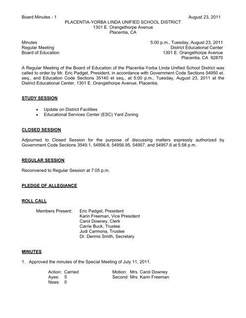 August 23, 2011 Board Minutes - Placentia-Yorba Linda Unified ...