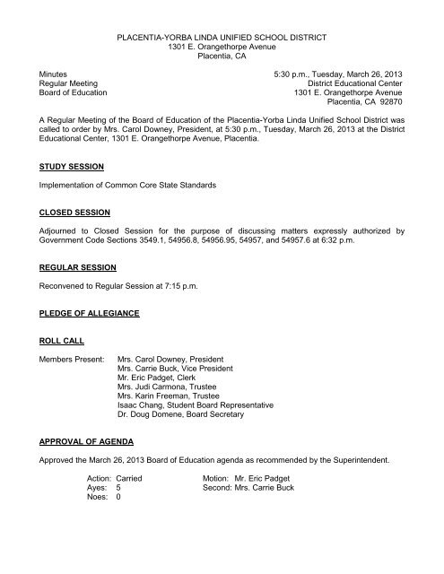 March 26, 2013 Board Minutes - Placentia-Yorba Linda Unified ...