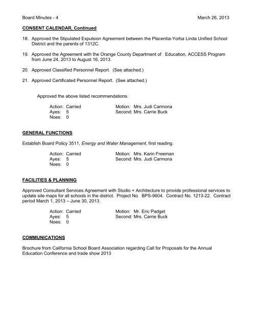 March 26, 2013 Board Minutes - Placentia-Yorba Linda Unified ...