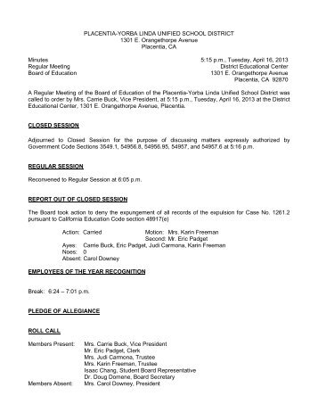 April 16, 2013 Board Minutes - Placentia-Yorba Linda Unified ...