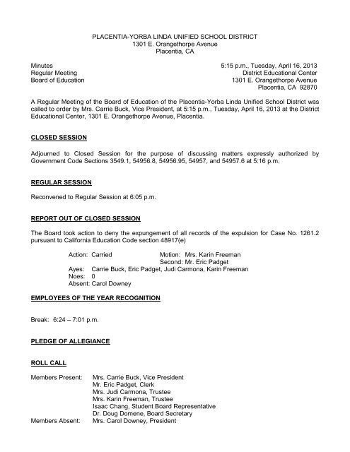 April 16, 2013 Board Minutes - Placentia-Yorba Linda Unified ...