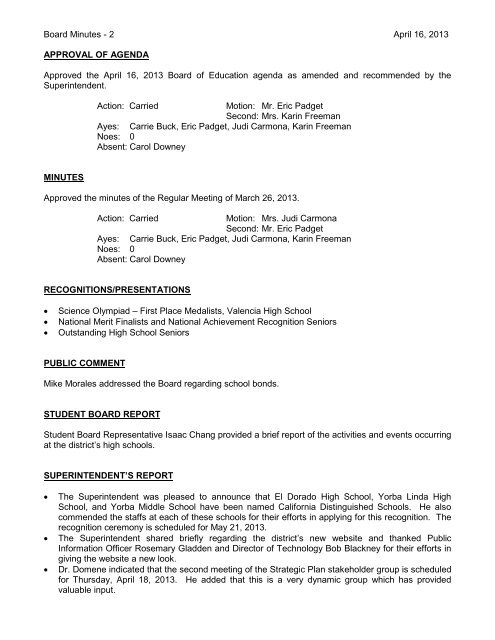 April 16, 2013 Board Minutes - Placentia-Yorba Linda Unified ...