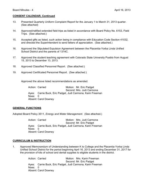 April 16, 2013 Board Minutes - Placentia-Yorba Linda Unified ...