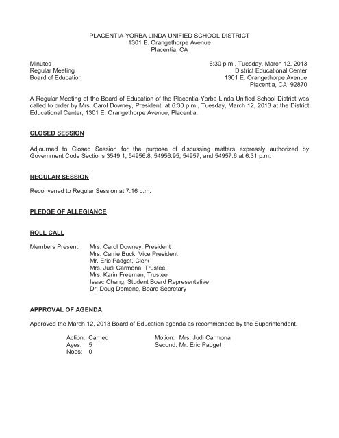 March 12, 2013 Board Minutes - Placentia-Yorba Linda Unified ...