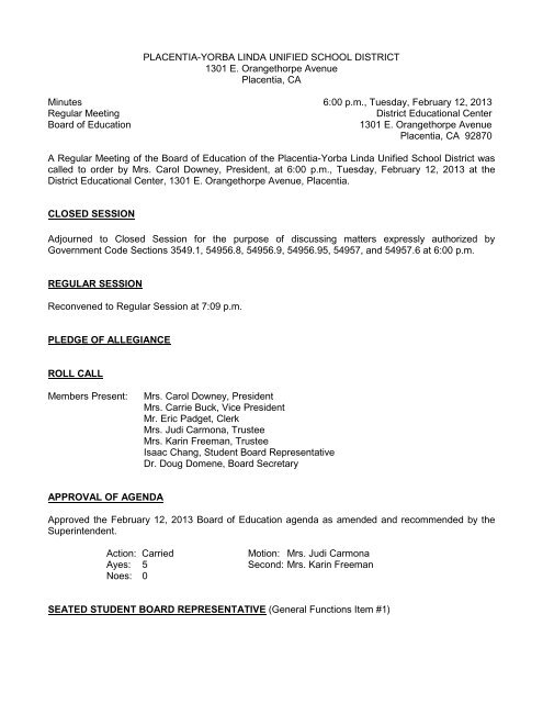 February 12, 2013 Board Minutes - Placentia-Yorba Linda Unified ...