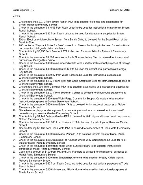 February 12, 2013 Board Minutes - Placentia-Yorba Linda Unified ...