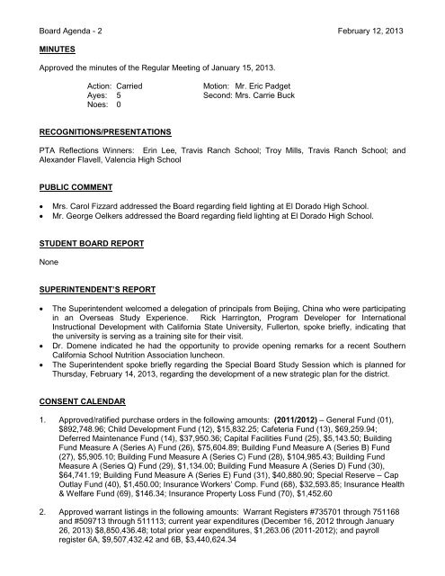 February 12, 2013 Board Minutes - Placentia-Yorba Linda Unified ...