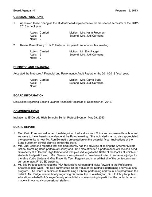 February 12, 2013 Board Minutes - Placentia-Yorba Linda Unified ...