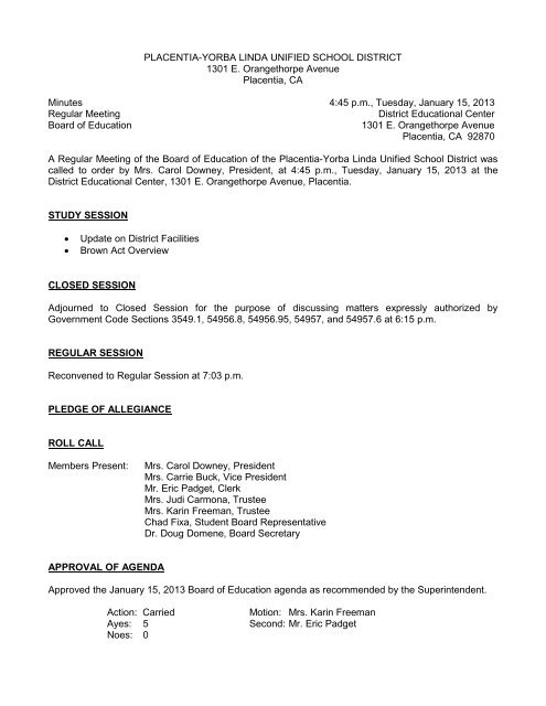 January 15, 2013 Board Minutes - Placentia-Yorba Linda Unified ...