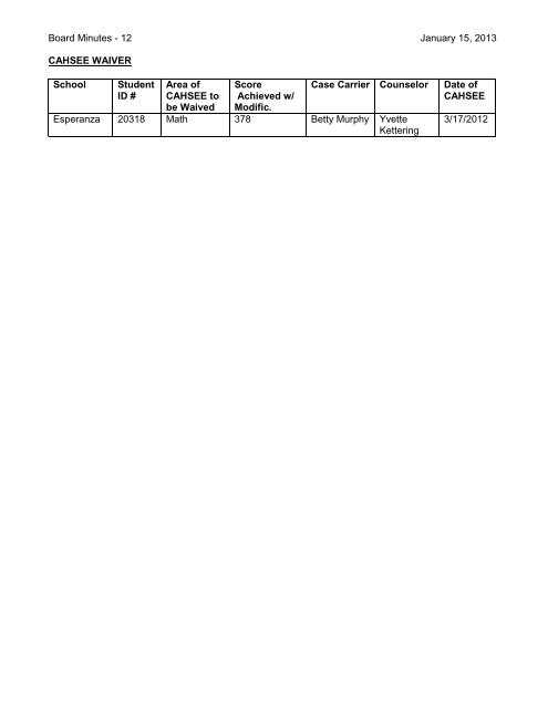 January 15, 2013 Board Minutes - Placentia-Yorba Linda Unified ...